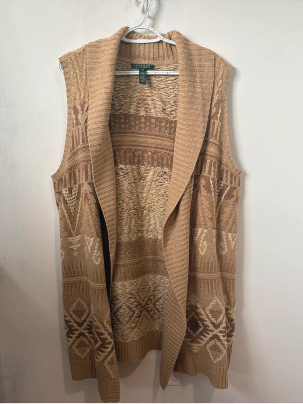Ralph Lauren Camel and Cream Patterned Open-Front Knit Vest